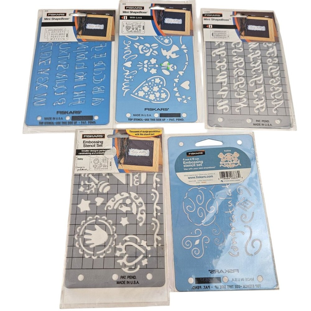 Fiskars Mini Shape Boss Embossing 5 Stencils NIP 4 x 6 Baby Love Letters Kudos